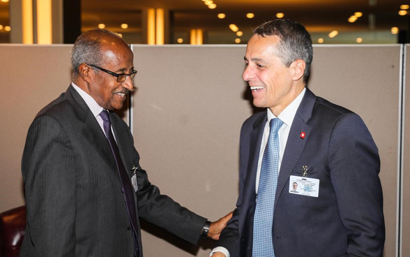 Head of FDFA, Ignazio Cassis, in discussion with Eritrean foreign minister Osman Saleh Mohammed. 