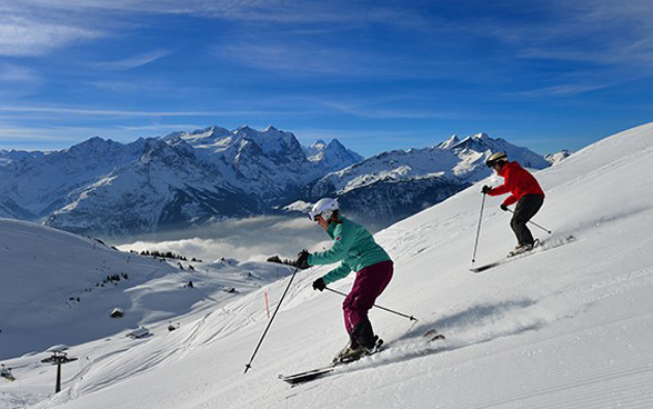 Лыжники на скоростном спуске в горах
