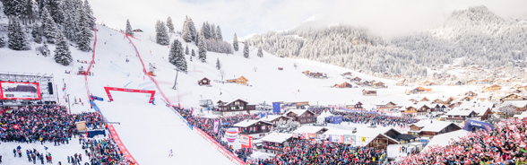 アーデルボーデンの大回転コースのゴール地点で、何百人もの観客がスイスの国旗を振っている