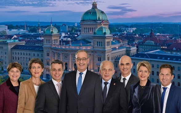 The members of the Federal Council 2021 (from left to right): Federal Councillor Viola Amherd, Federal Councillor Simonetta Sommaruga, Federal Councillor Ignazio Cassis (vice-president), President Guy Parmelin, Federal Councillor Ueli Maurer, Federal Councillor Alain Berset, Federal Councillor Karin Keller-Sutter, Federal Chancellor Walter Thurnherr.