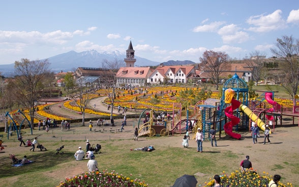 Foto von Heidis japanischem Dorf in der Präfektur Yamanashi. Im grossen Garten gibt es Blumen und einen Spielplatz.