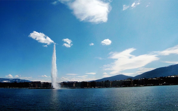 Der Jet d'eau in Genf überragt den Genfer See.