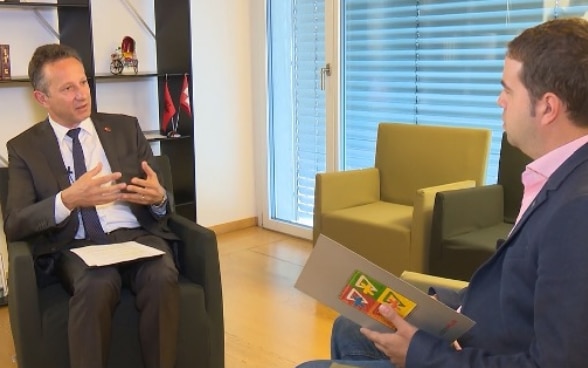 Swiss Ambassador in Albania during the interview with Vizion+ television.