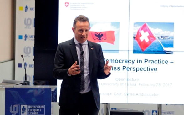 Swiss Ambassador in Tirana Christoph Graf during the open lecture at Tirana European University 