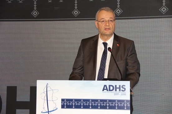 Swiss Ambassador in Albania Adrian Maître speaking at the launching of the demographic and health survey.