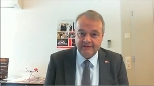 Swiss Ambassador in Albania Adrian Maître speaking at the webinar on local public finances. 