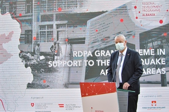 Swiss Ambassador Adrian Maître launching the regional grant in support of earthquake rebuilding, Durrës, Albania.
