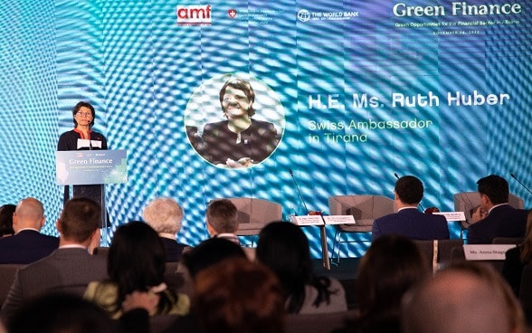 Swiss Ambassador in Albania Ruth Huber addressing the green finance conference in Tirana, 16.11.2022