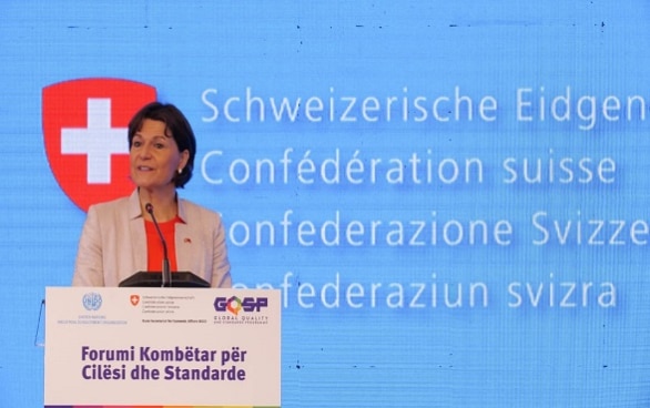 Swiss Ambassador Ruth Huber addressing the forum on quality and standards, Tirana, 21.11.2023