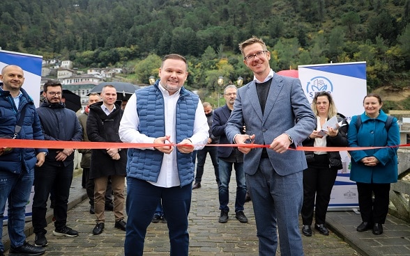 Mayor of Berat Ervin Demo and Deputy Head of Mission at the Embassy of Switzerland Philipp Arnold inaugurate the new public lighting in Berat, 15.12.2023