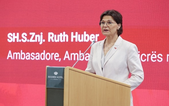 Swiss Ambassador in Albania Ruth Huber speaking at the presentation of the E-legislation platform.