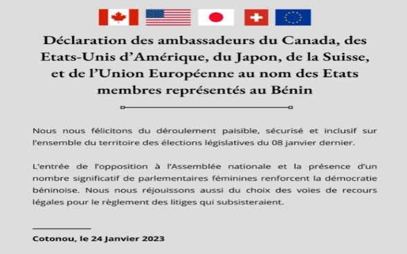 Déclaration des ambassadeurs du Canada, des Etats-Unis d’Amérique, du Japon, de la Suisse et de l’Union européenne au nom des Etats membres représentés au Bénin au sujet des élections législatives de 2023.