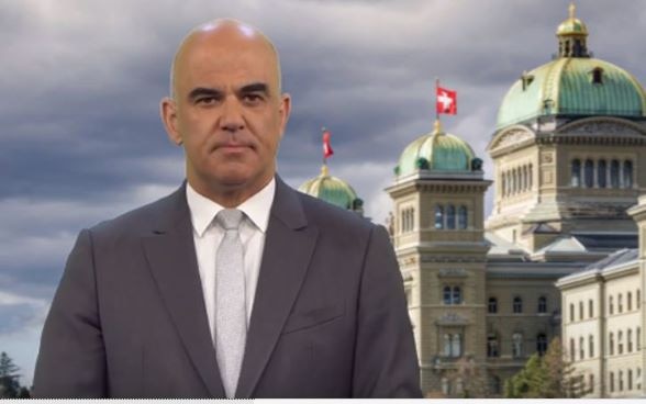 Le Président de la Confédération suisse, Alain Berset lors de son message à la communauté des Suisses de l’étranger à l’occasion de la fête nationale suisse du 1er août 2023