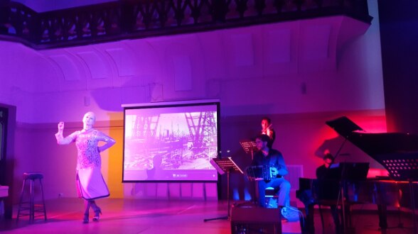 Swiss artist Alexandra Prusa performs in Tbilisi on the opening day of the Month of the German Language