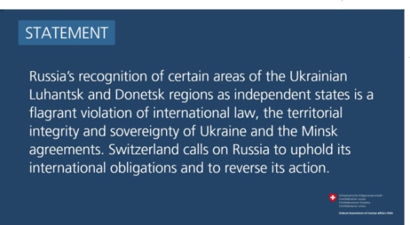 Swiss MFA condemns Russia's recognition of Lugansk and Donetsks