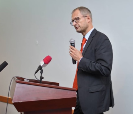 Ambassador Philip Stalder delivering his remarks at the inauguration of the Sector Skills Bodies