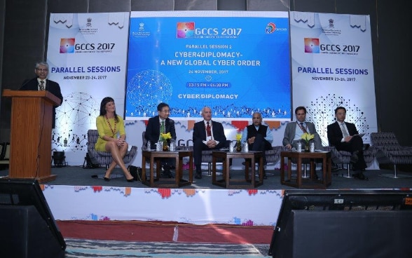 A panel at the GCCS 2017. (L-R): Ms. Sophie Lohde,  Minister, Public Sector Innovation, Denmark; Mr. Hyun Cho,  Vice Minister, Ministry of Foreign Affairs of Republic of Korea; Dr. Istvan Mikola,  State Secretary, Ministry of Foreign Affairs and Trade of Hungary; Mr. M.J. Akbar,  Minister of State, Ministry of External Affairs, Govt. of India; Mr. Frank Grutter,  Ambassador, Swiss Federal Department of Foreign Affairs; Mr. Long Zhou,  Ambassador, Ministry of Foreign Affairs of China. The panel was moderated by Mr. Asoke Kumar Mukerji,  Former Diplomat, Government of India.