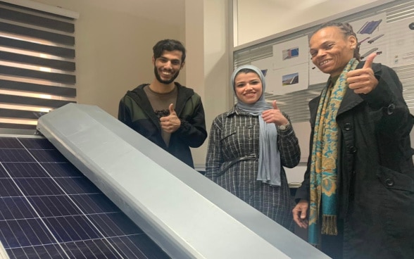 Two young entrepreneurs from Gaza developed a remotely controlled solar panel cleaning machine through UCASTI incubator supported by SDC