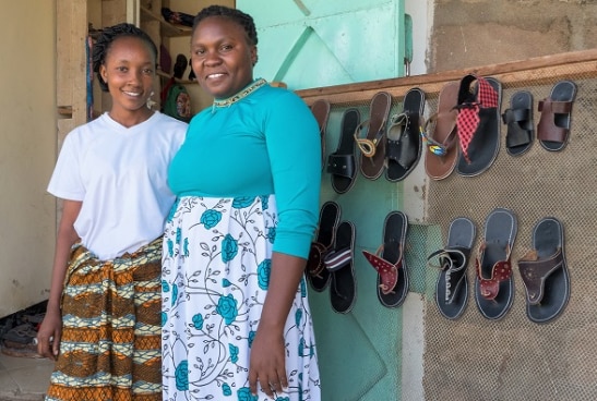 Elizabeth Barnabas and Hosiana Mmari are beneficiaries of the OYE project. Together they founded Haki Leather Enterprise in Kalume village, Dodoma Municipal Council, where they make leather shoes sold in Tanzania.