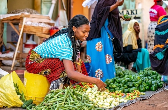 Young Tanzanian woman selling farm produce at the market.
