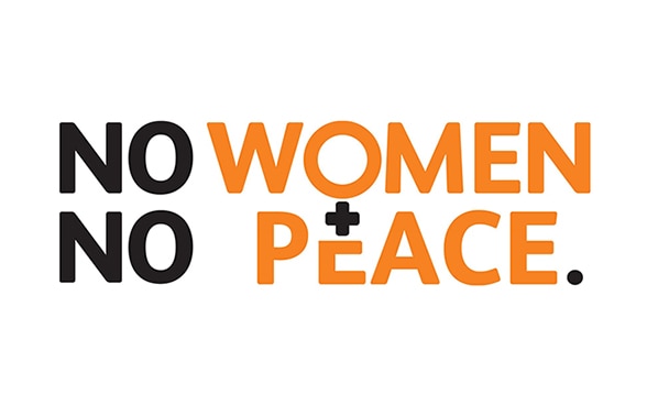 Logo noir et orange disant: No women. No peace.
