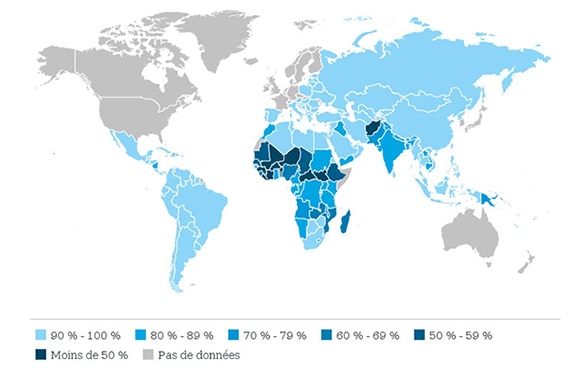 Cartina raffigurante i tassi di alfabetizzazione per ogni Paese del mondo.