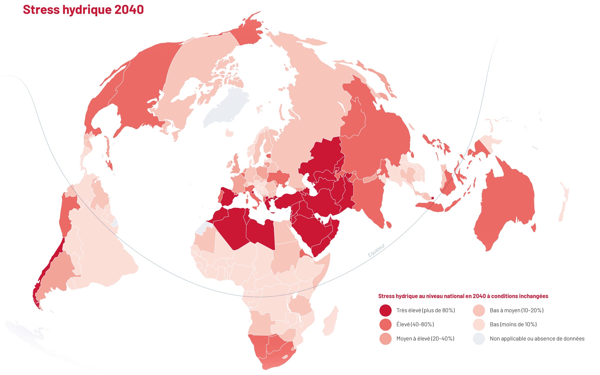 épartition de la pénurie d’eau dans le monde à l’horizon 2040, détaillée par pays.