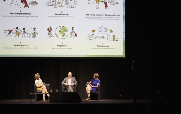 Marie-Gabrielle Ineichen-Fleisch, Thomas Gass et Melanie Pfändler sont assis sur la scène. Derrière eux on voit une présentation Power Point avec six dessins correspondant à six thèmes différents : sécurité alimentaire, urbanisation, relation entre citoyen et état, marchés du travail, migration et financement.