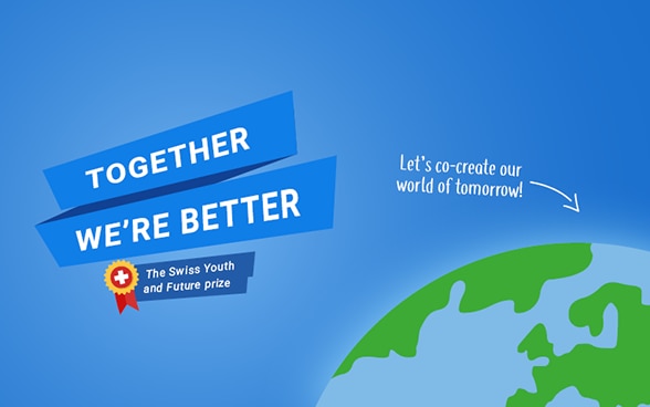 Logo del concorso: in primo piano si legge la scritta «Together we’re better – Il premio svizzero Giovani e futuro 2019», mentre sullo sfondo si vede un’immagine della Terra accompagnata dal motto «Let’s co-create our world of tomorrow».