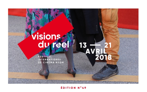 The poster advertises the upcoming Visions du Réel festival, 13–21 April 2018. A woman wearing a dress with a flower pattern and a man in brown trousers standing on the festival site. 