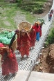 Women carrying baskets walk on a trail bridge.