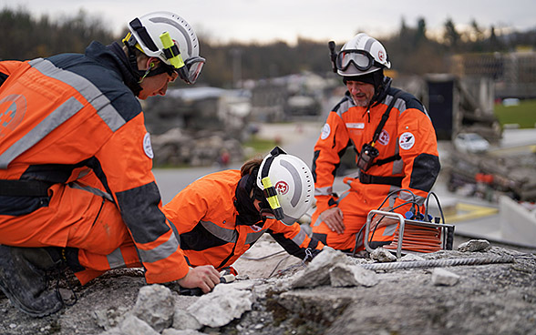 Three Swiss rescuers are working in a destroyed house. 