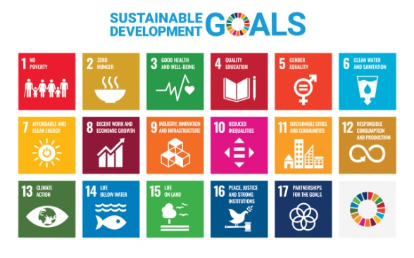 Representación de los 17 objetivos de la Agenda 2030 mostrados como símbolos.