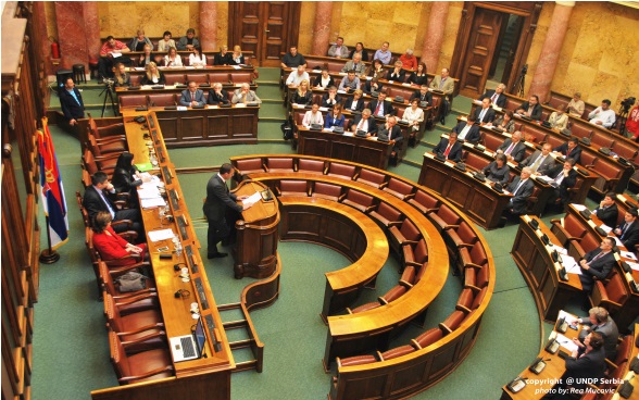Around 50 parliamentarians in session at the Serbian parliament.
