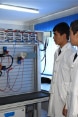 Un enseignant et trois apprentis devant un panneau électrique