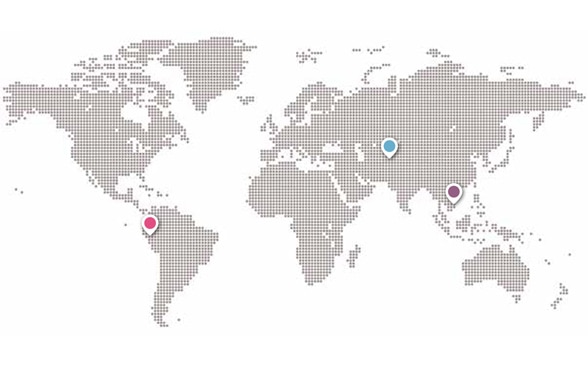 mappemonde avec trois points en couleur