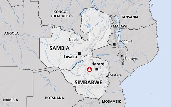 Karte der Länder Simbabwe und Sambia im südlichen Afrika.
