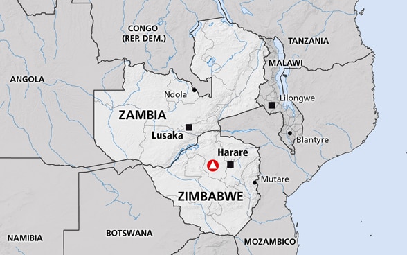 Cartina dello Zimbabwe e dello Zambia, nell’Africa australe.