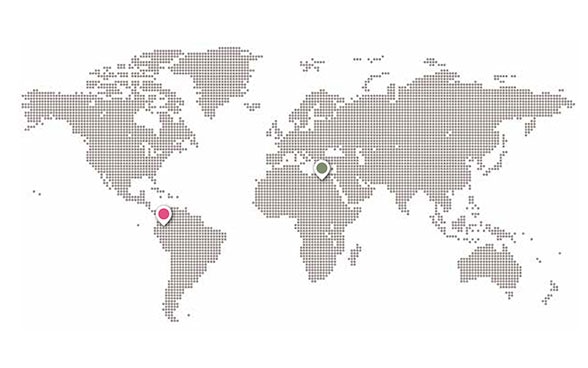 Weltkarte mit Punkten, die Einsatzgebiete der DEZA markieren.