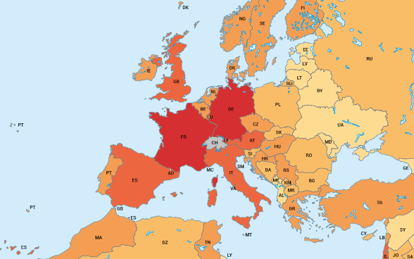 Sur la carte, les pays de l’Europe sont marqués selon le nombre de Suisses de l’étranger qui y habitent.