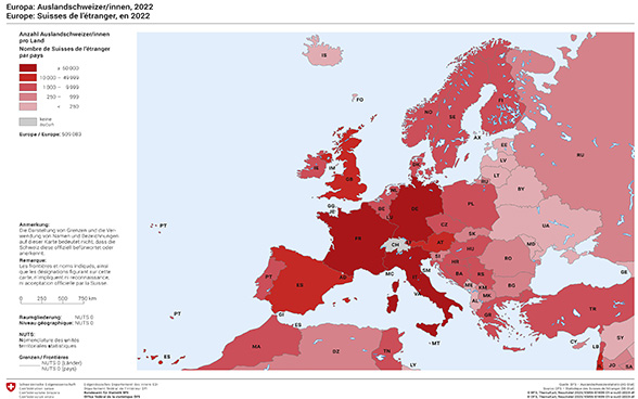 Am meisten Auslandschweizer und Auslandschweizerinnen innerhalb Europas leben in Frankreich, Deutschland und Italien (rote Färbung).