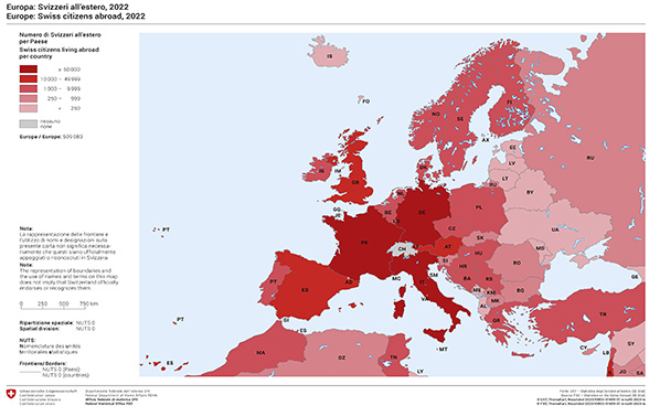 The majority of Swiss Abroad in Europe live in France, in Germany and in Italy (shown in red).