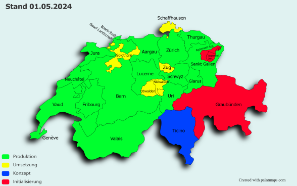 Schweizer Karte die mit verschiedenen Farben den Stand des elektronischen Meldewesens illustriert.
