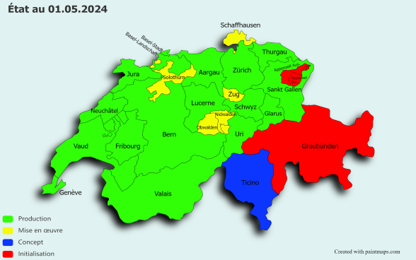 Carte de la Suisse illustrant l'état du système de notification électronique avec différentes couleurs.