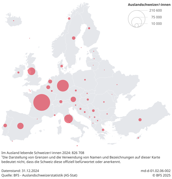 Eine Europakarte zeigt die Anzahl Auslandschweizerinnen und Auslandschweizer nach Wohnland.