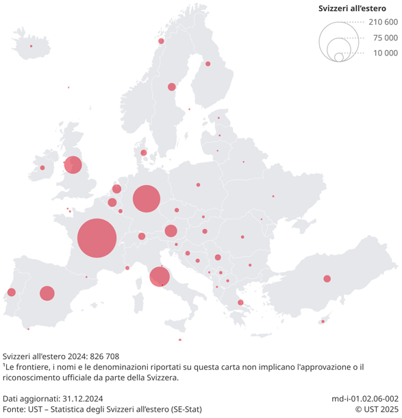 Le Svizzere e gli Svizzeri all’estero rappresentati su una mappa dell’Europa, classificati per Paese di residenza.