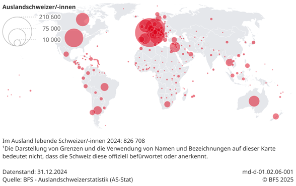 Eine Weltkarte zeigt die Anzahl Auslandschweizerinnen und Auslandschweizer nach Wohnland.