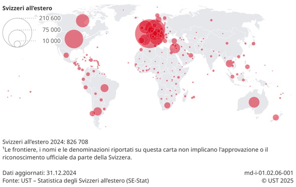 Le Svizzere e gli Svizzeri all’estero rappresentati su una mappa del mondo, classificati per Paese di residenza.