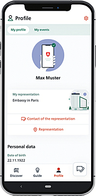 L’image montre un smartphone sur lequel l’application SwissInTouch est ouverte sur la page du profil personnel. 