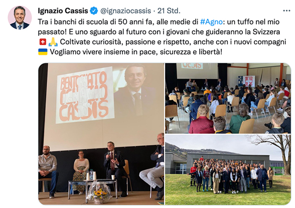 Tweet del presidente della Confederazione Cassis dalla scuola media di Agno, con due fotografie dell’incontro in aula magna e un’immagine di gruppo. 